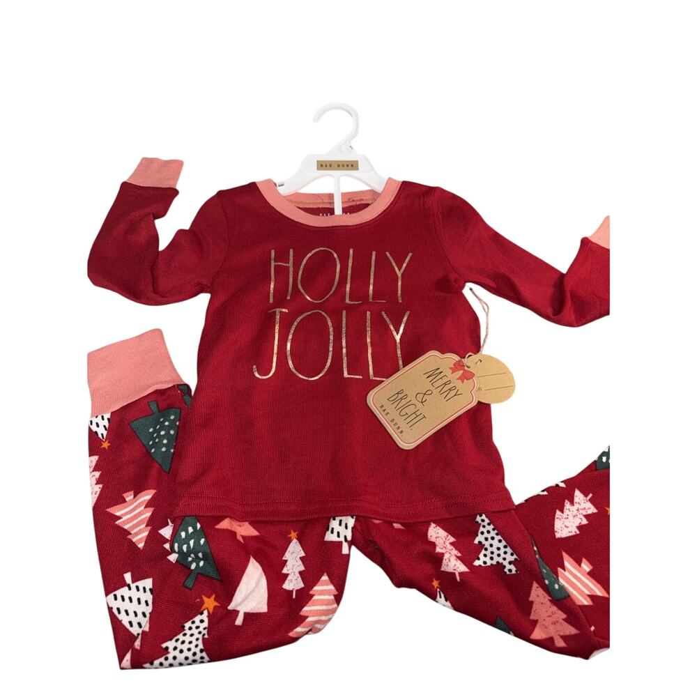 RAE DUNN Toddler Christmas Pajamas 2 Piece Set Size 4T New HOLLY JOLLY Red Trees